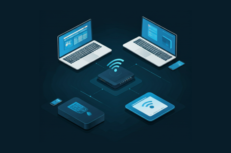 An illustration depicting a Wi-Fi network with multiple devices connected. The network includes a Wi-Fi router, two laptops, a smartphone, and a tablet. The devices are connected wirelessly to the router