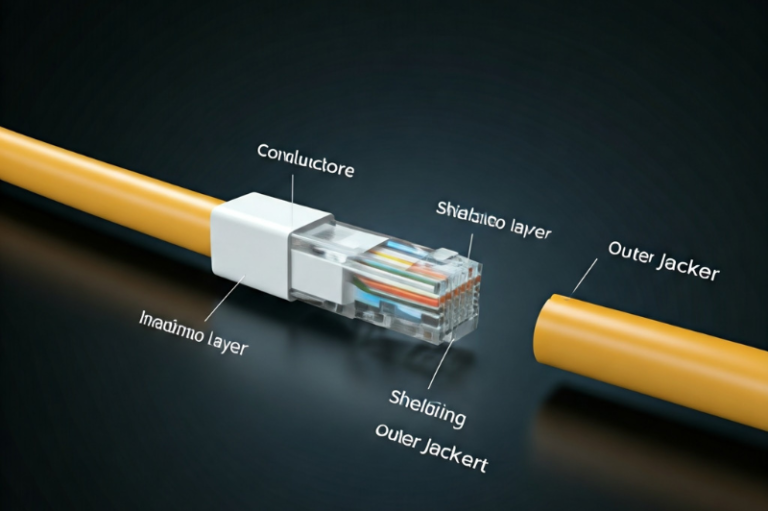 A cutaway diagram of an Ethernet cable showing its internal structure, central to modern networking technology