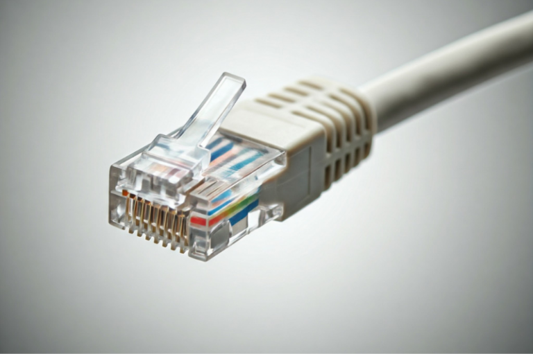 Ethernet cable with visible colored wires arranged in the T568B standard, displayed against a smooth gradient background representing reliable connectivity.