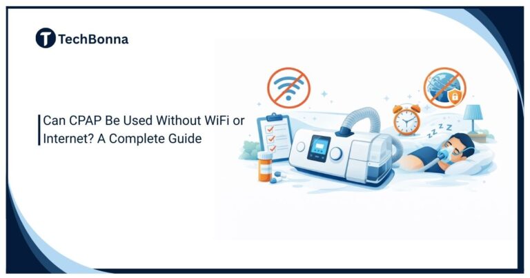 Can CPAP be used without WiFi or internet – illustration showing CPAP machine working offline while a patient sleeps