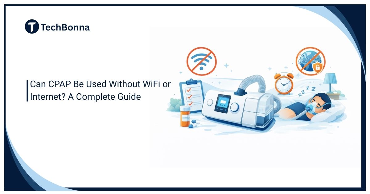 Can CPAP be used without WiFi or internet – illustration showing CPAP machine working offline while a patient sleeps