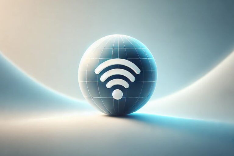 Minimalist illustration showcasing WiFi and Internet connectivity, featuring a wireless signal icon connected to a globe, symbolizing seamless global networks