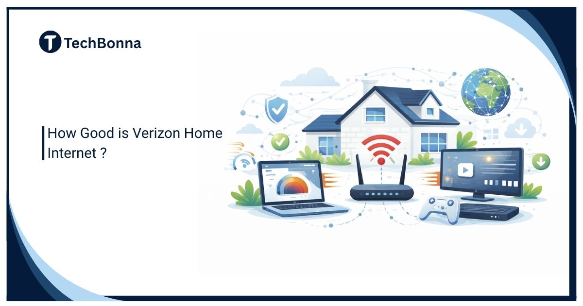 Illustration of a home network setup with laptops, router, and smart devices, explaining how good is Verizon Home Internet