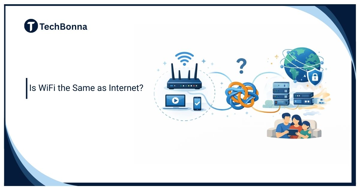 Illustration showing WiFi signals and internet connection, explaining is WiFi the same as internet?