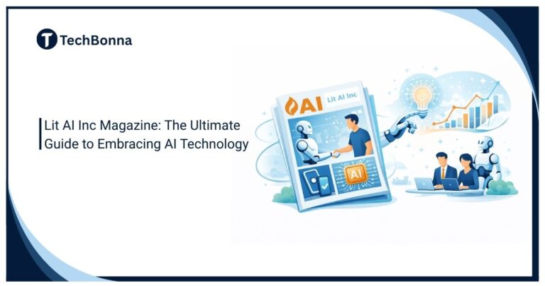 Lit AI Inc Magazine illustration showcasing artificial intelligence technology, human and AI collaboration, and business growth concepts