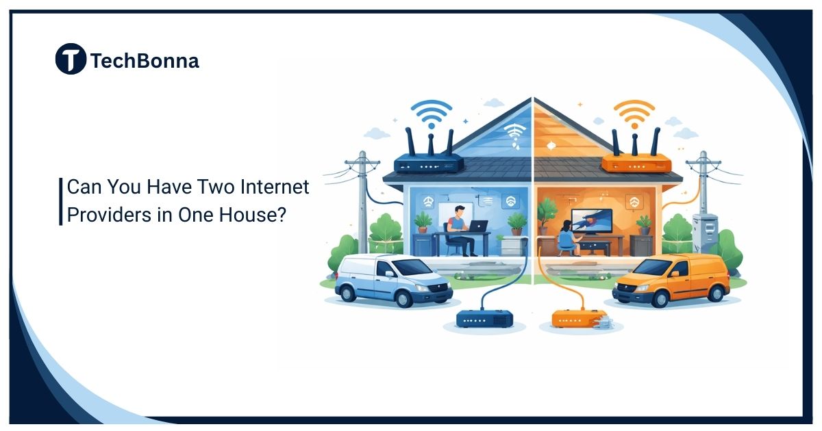 Illustration showing a house connected to two internet providers, explaining can you have two internet providers in one house