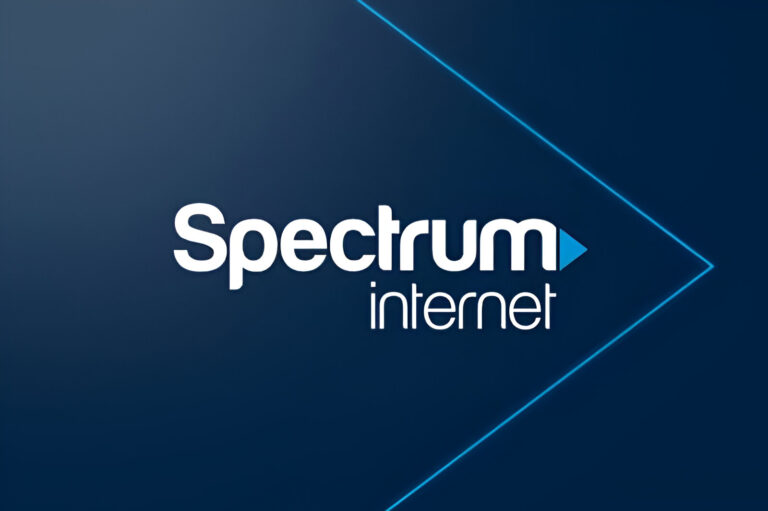 Spectrum Internet logo on a navy blue background, featuring white text and a blue triangular design