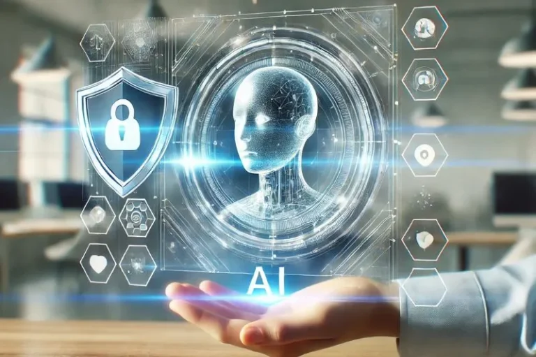 A futuristic AI-powered content moderation system with a holographic AI head and security shield icon. The background features a modern office, emphasizing ethical and secure AI interactions.
