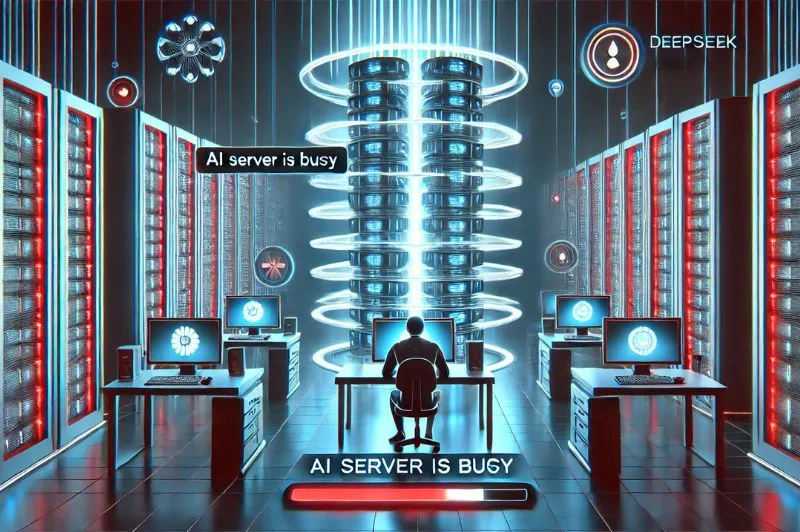A futuristic AI server room with glowing data racks and a 'DeepSeek Server is Busy' warning. A character is analyzing the situation with a loading screen in the background.
