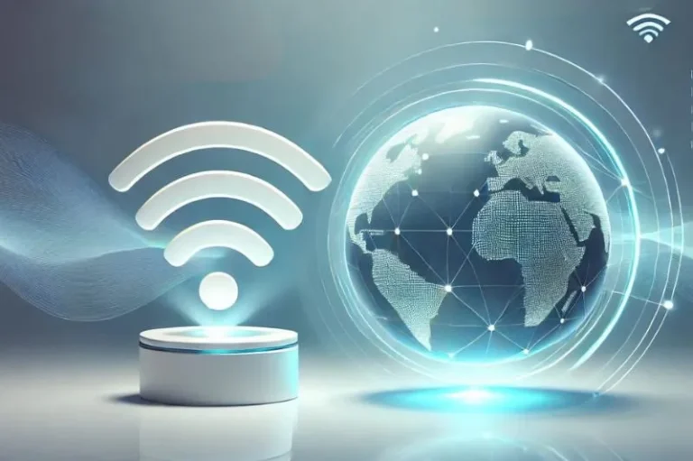 A futuristic digital illustration showcasing the difference between WiFi and the Internet. A glowing WiFi icon and a connected Earth symbolize global connectivity.