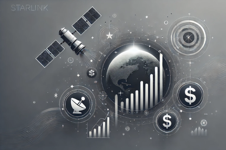 Minimalist illustration representing investment in Starlink, featuring satellites in orbit, stock market growth, and financial symbols.