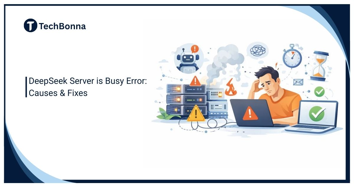 DeepSeek Server is Busy Error illustration showing server overload, warning alerts, and a frustrated user troubleshooting system issues and fixes.