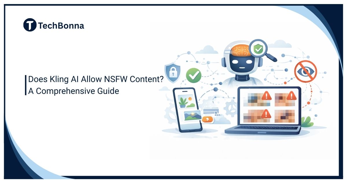 Does Kling AI Allow NSFW Content illustration showing AI content moderation, note-safe filtering, warning alerts, and restricted content review on digital devices.