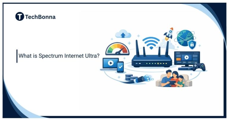 What is Spectrum Internet Ultra illustration showing high-speed Wi-Fi router, streaming devices, gaming, fiber-optic connection, and a family using internet at home.