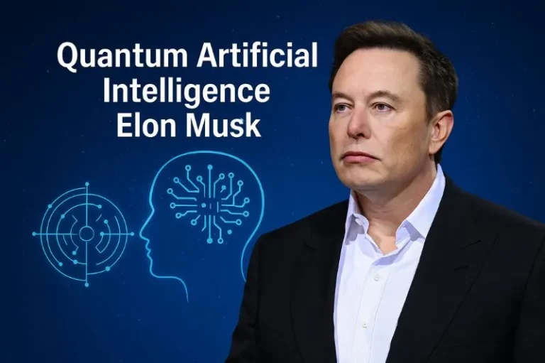 Elon Musk in a futuristic digital setting, surrounded by glowing quantum circuits and AI-inspired graphics, symbolizing the fusion of quantum computing and artificial intelligence.