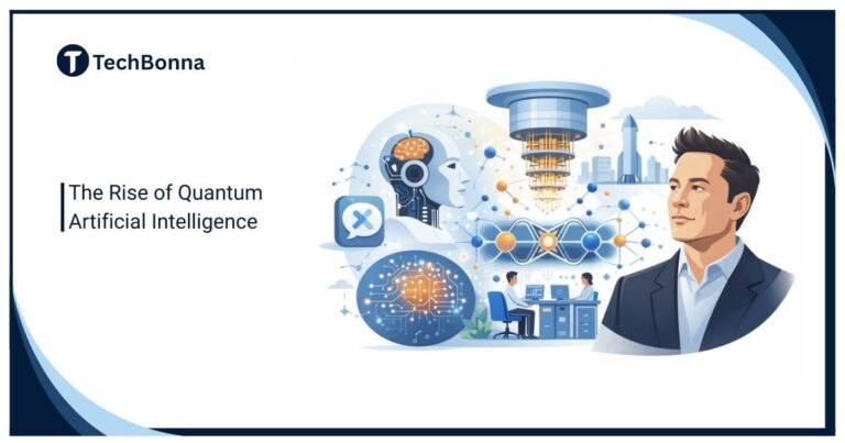 Quantum Artificial Intelligence illustration showing advanced AI systems, quantum computing concepts, and futuristic technology shaping the future of intelligent machines.