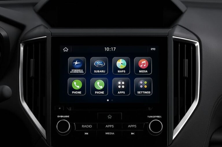 Subaru Starlink infotainment system displaying dashboard apps including navigation, phone, and media controls.