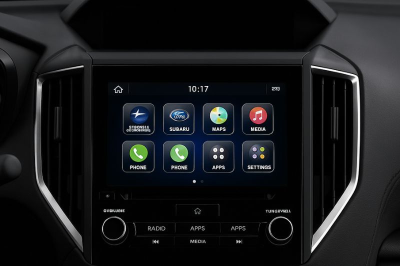 Subaru Starlink infotainment system displaying dashboard apps including navigation, phone, and media controls.
