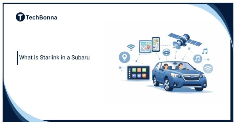 What is Starlink in a Subaru illustration showing Subaru vehicle connectivity features, including Starlink infotainment, safety services, navigation, and in-car technology