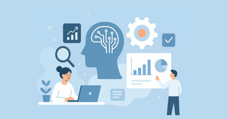 Illustration of two people working with data and analytics. One person is working on a laptop, and the other is presenting a chart. Icons representing analysis, data, and productivity surround them.