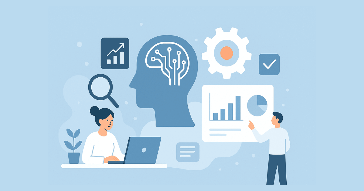 Illustration of two people working with data and analytics. One person is working on a laptop, and the other is presenting a chart. Icons representing analysis, data, and productivity surround them.