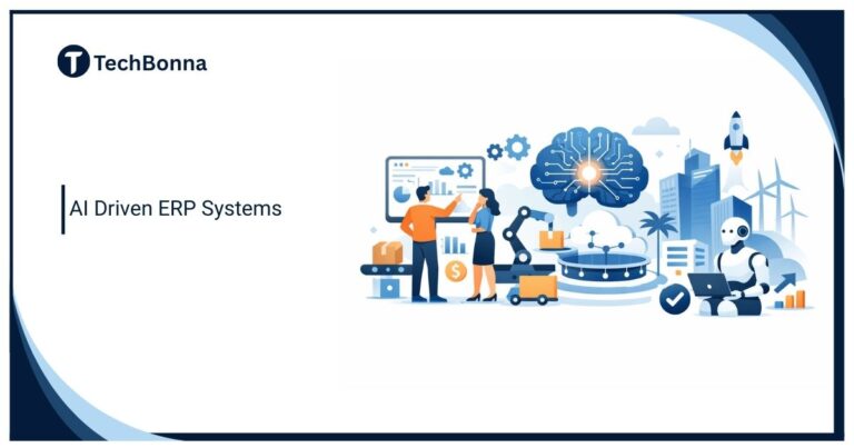 Illustration of AI-driven ERP systems showing automation, data integration, and business management in a modern digital environment