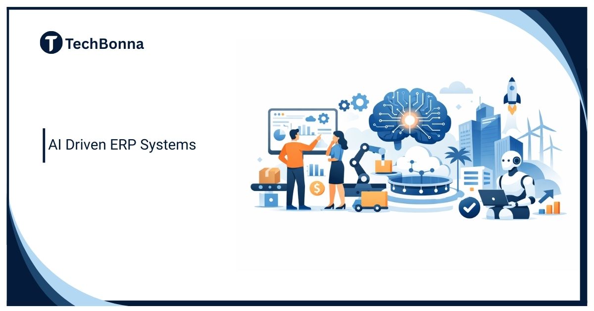 Illustration of AI-driven ERP systems showing automation, data integration, and business management in a modern digital environment