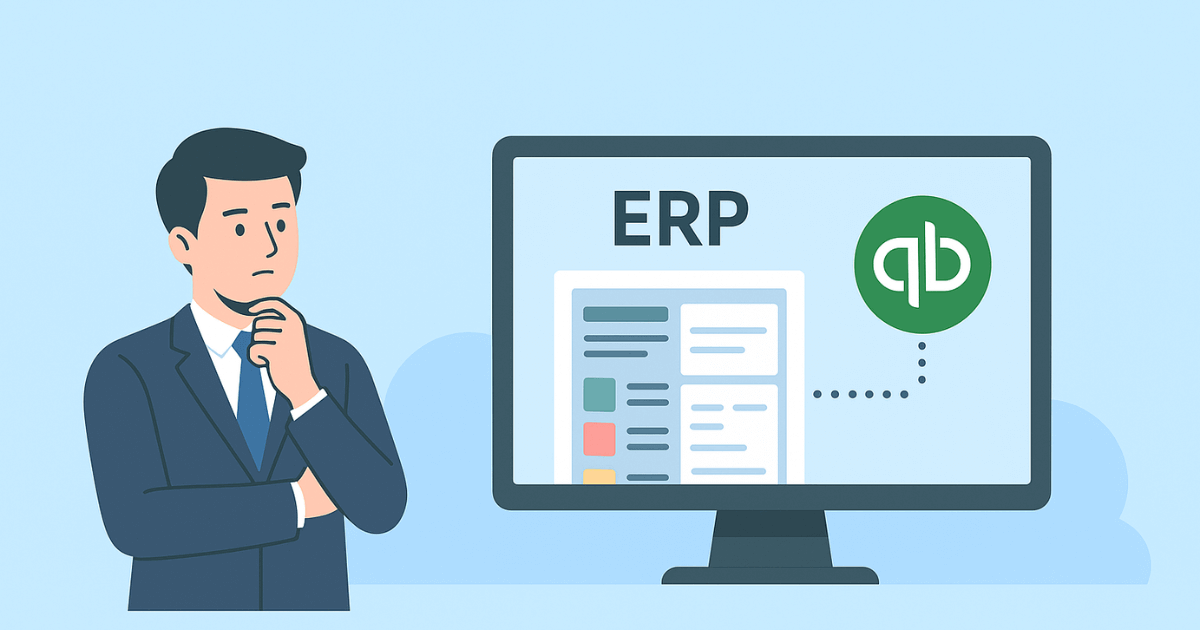 A cartoon man in a blue suit is standing next to a computer monitor displaying "ERP" with a QuickBooks logo and some document icons.
