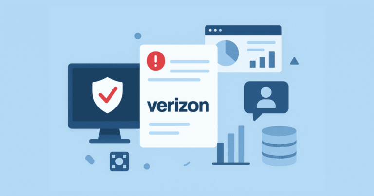 A graphic illustration depicting Verizon-related data and security elements, including a computer monitor with a shield, a document with the Verizon logo, charts, a user icon, and database symbols, all in shades of blue with a light blue background.
