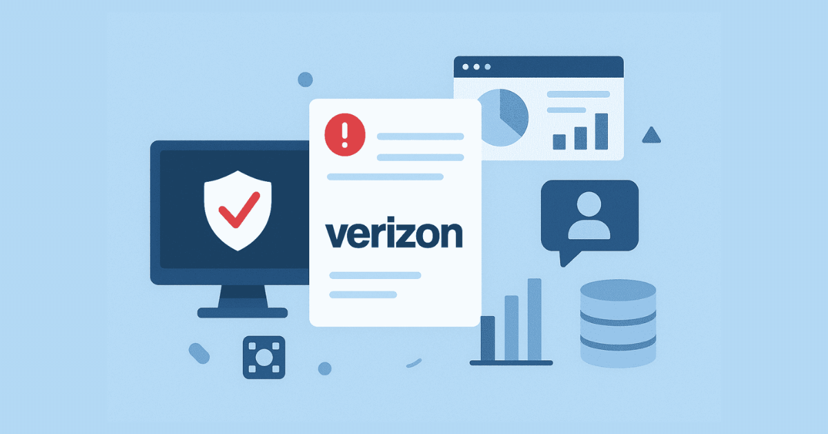 A graphic illustration depicting Verizon-related data and security elements, including a computer monitor with a shield, a document with the Verizon logo, charts, a user icon, and database symbols, all in shades of blue with a light blue background.