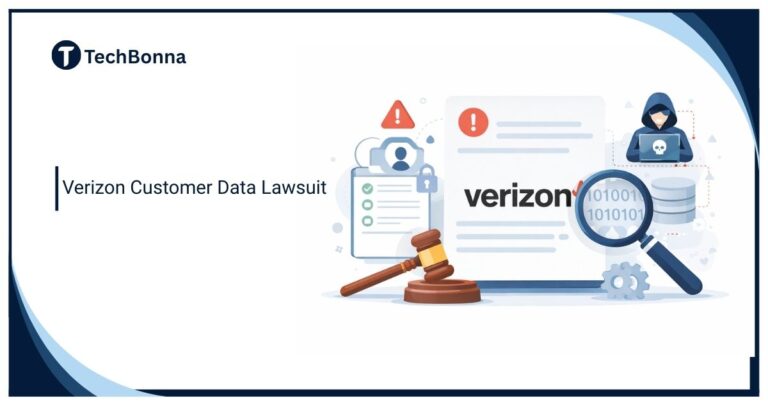 Verizon Customer Data Lawsuit illustration showing data breach investigation, legal action, and customer privacy concerns.