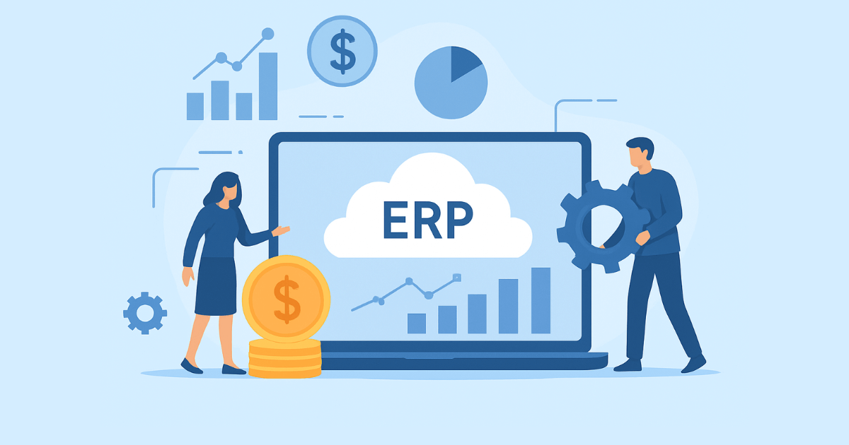 Flat-style illustration of professionals analyzing ERP costs in a modern office.