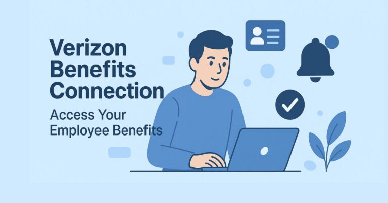 A man using a laptop with simple tech icons on a soft blue background, symbolizing Verizon employee benefits access.