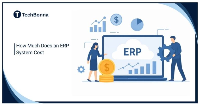 How much does an ERP system cost illustration showing ERP software pricing, implementation costs, and business analytics with charts, graphs, and financial symbols.