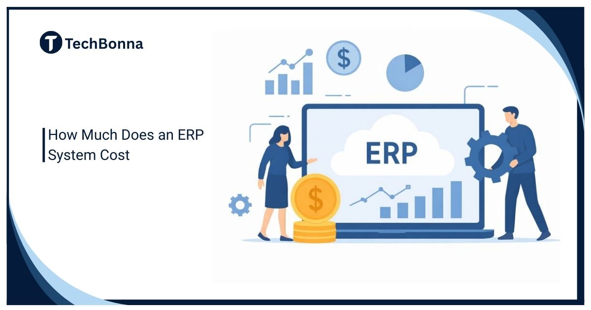 How much does an ERP system cost illustration showing ERP software pricing, implementation costs, and business analytics with charts, graphs, and financial symbols.