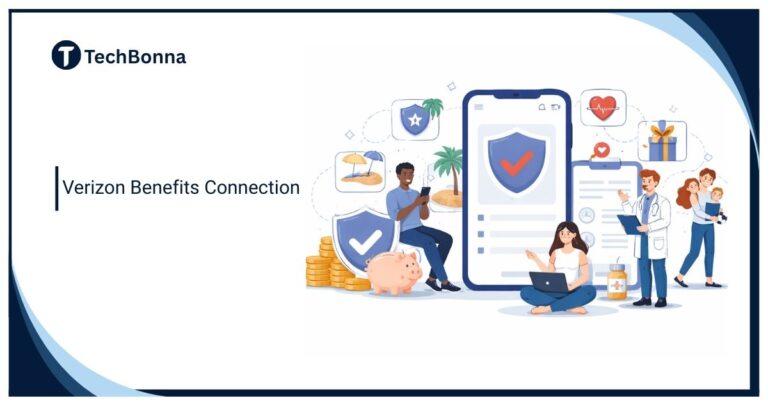Verizon Benefits Connection illustration showing employees accessing health, insurance, retirement, and wellness benefits through a secure digital benefits portal.