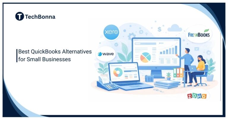 Illustration showing the best QuickBooks alternatives for small businesses, featuring accounting software dashboards like Xero, FreshBooks, Wave, and Zoho with financial charts and reports.