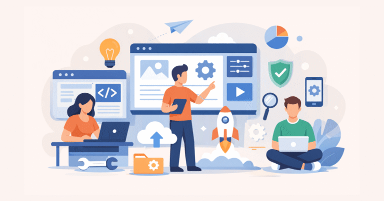 Flat-style digital illustration of a team developing a custom web app development, featuring laptops, code, charts, and abstract tech elements in a modern office setting.