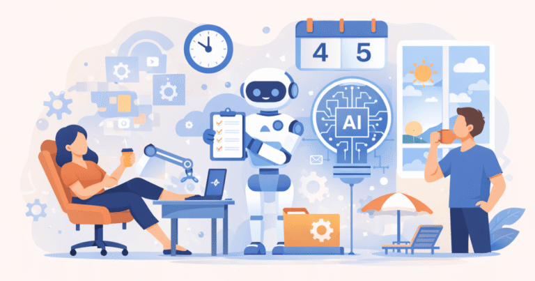 Flat-style illustration showing AI automation supporting a reduced workweek, with modern office elements, relaxed workers, and abstract technology visuals representing future work by 2026.