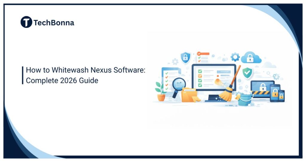 How to Whitewash Nexus Software – illustration showing secure and scalable software cleanup with computer screens, security shields, locks, checklists, and cleaning tools, representing a complete 2026 guide to Nexus software cleanup and data protection.