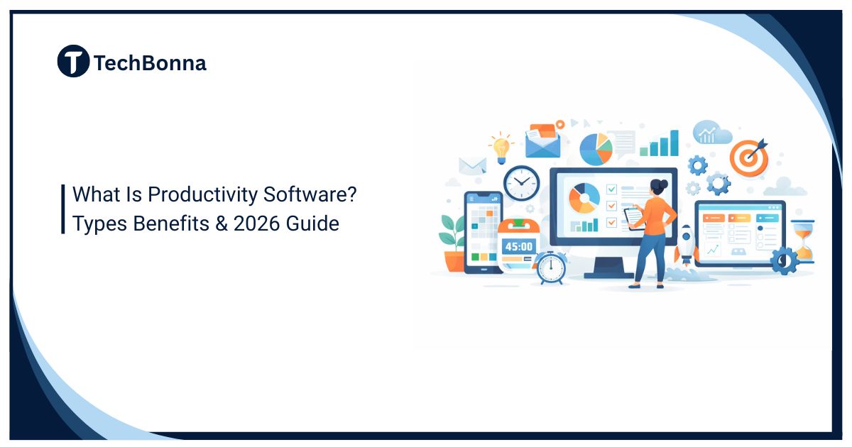 What is productivity software in 2026 illustrated with task management dashboards, charts, checklists, time tracking, and digital productivity tools in a clean flat-style design.