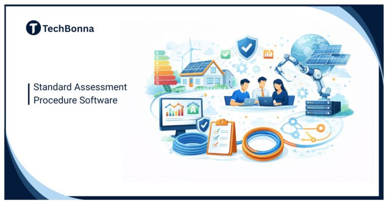 Standard Assessment Procedure Software illustration showing energy modeling, compliance automation, EPC ratings, renewable energy systems, and digital assessment tools for 2026.