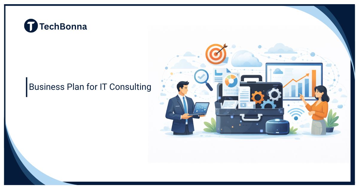 Business plan for IT consulting illustrated with consultants, digital tools, analytics, and technology strategy concepts