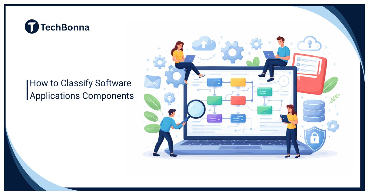 How to classify software applications components illustrated with developers analyzing system architecture, workflows, and modules