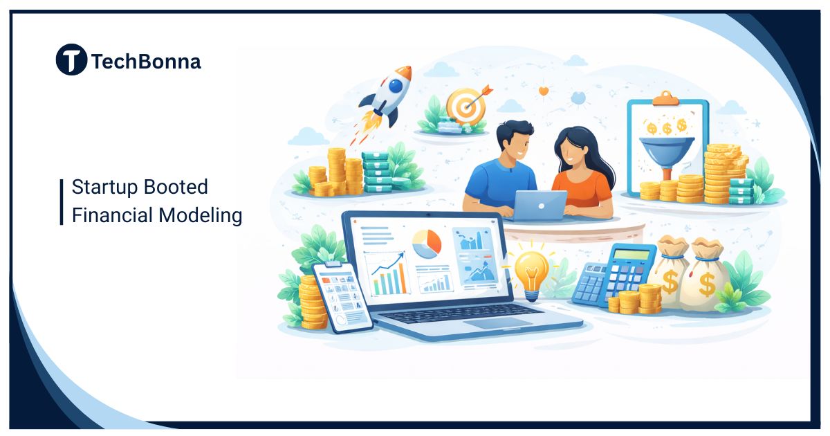 Startup booted financial modeling illustrated with founders analyzing revenue charts, investment funnel, cash flow, and self-funded growth strategy