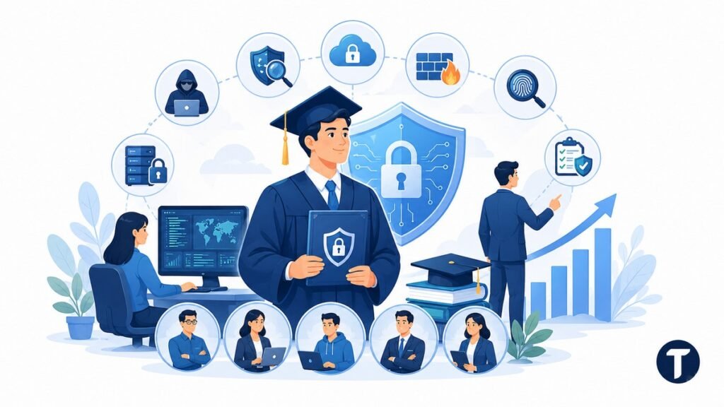 Cybersecurity graduate surrounded by security, cloud, forensics, risk, and career growth icons representing specialist cybersecurity roles.