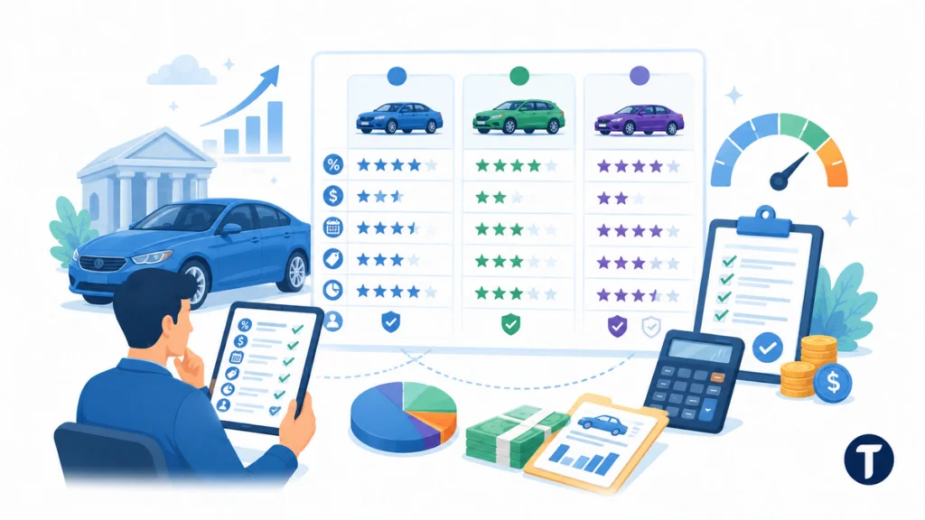 Driver reviewing auto loan refinance offers with comparison cards, interest rates, monthly payments, fees, loan terms, and credit factors.