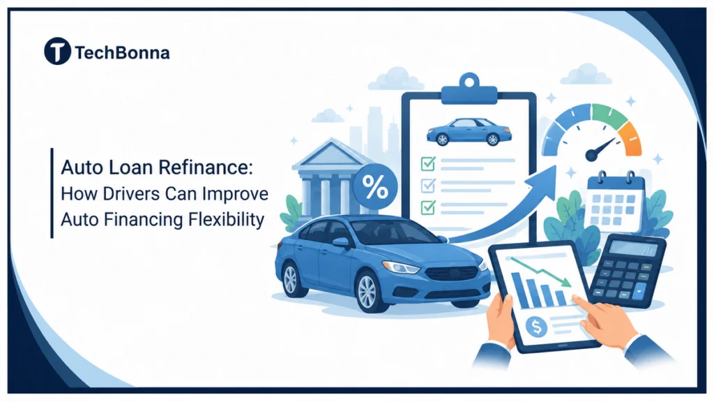Auto loan refinance guide showing a car, loan checklist, calculator, rate gauge, and payment chart for comparing financing options.