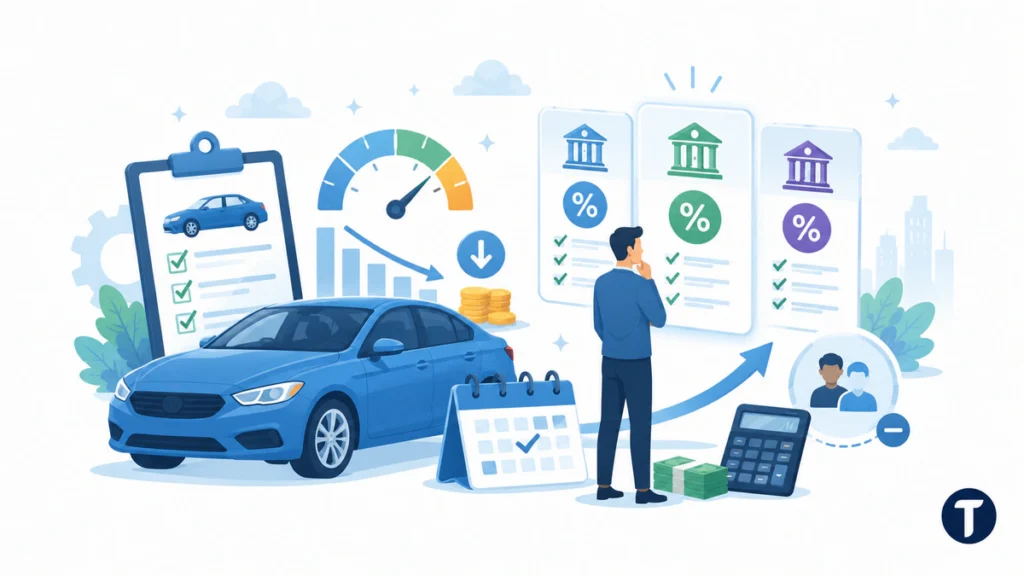 Driver comparing auto loan refinance options with a car, loan documents, rate offers, calculator, payment timeline, and borrower details.