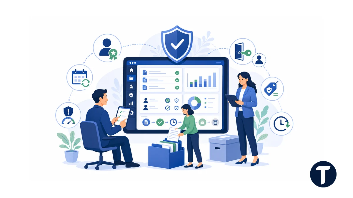 SharePoint governance team reviewing security, access, retention, and site lifecycle